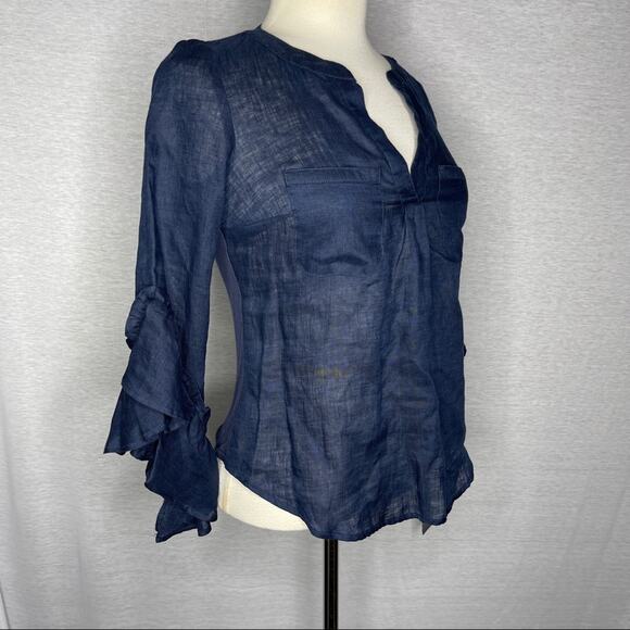 K). INC Ruffles Half arm length Sleeve V-neck Blouse Blue Petite NWT - Picture 4 of 12